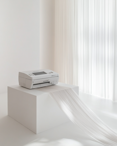 Receipt printer on crate in minimalist white room