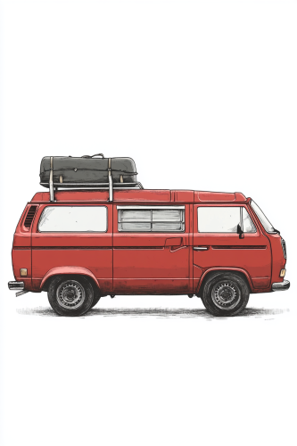 Red 1970 van with luggage on roof, isolated background.