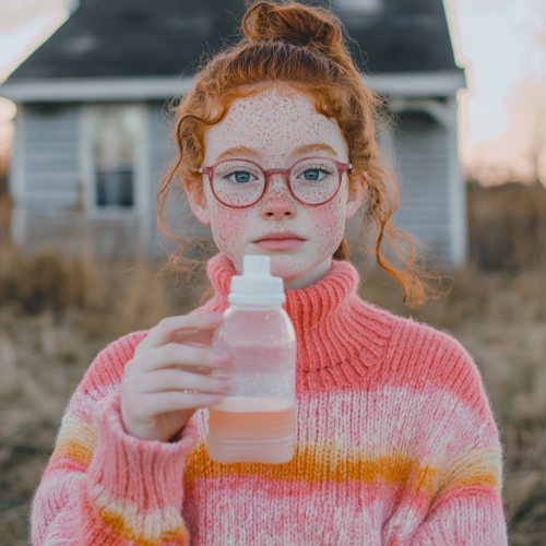 Red-Haired Girl with Freckles and Glasses Holds Waterbottle