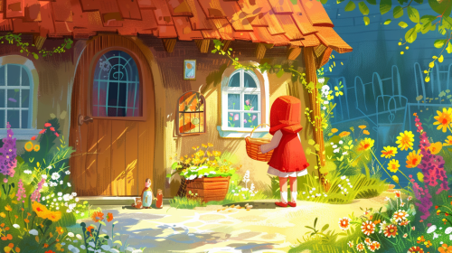 Red Riding Hood with basket says goodbye to mother. Red Riding Hood with basket says goodbye to mother.