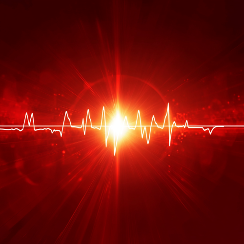 Red background with glowing white heartbeat, symbolizing life and energy.