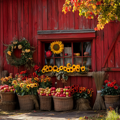 Red barn front with apples, hay, sunflowers - fall vibes.