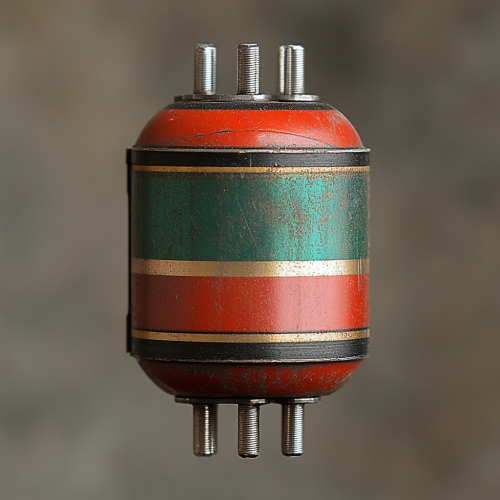 Red capacitor with green stripe, top view, rotated slightly