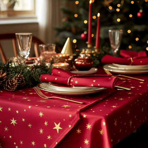 Red cotton tablecloth and napkins with gold star designs.