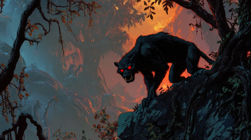 Red-eyed Mutant Crawling in Burned Landscape