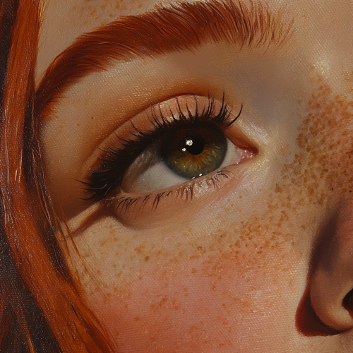 Red-haired girl with makeup in hyper-realistic painting