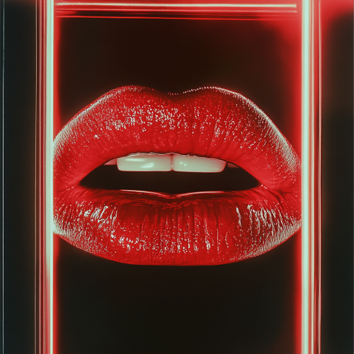 Red lipstick close-up in mirror, resembling movie poster