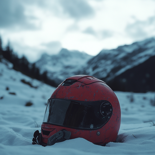 Red motorcycle helmet in snowy mountain landscape