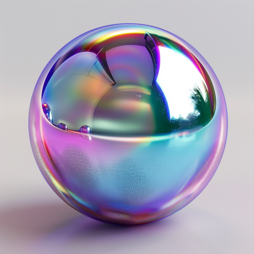 Reflective metallic orb against transparent background, iridescent.