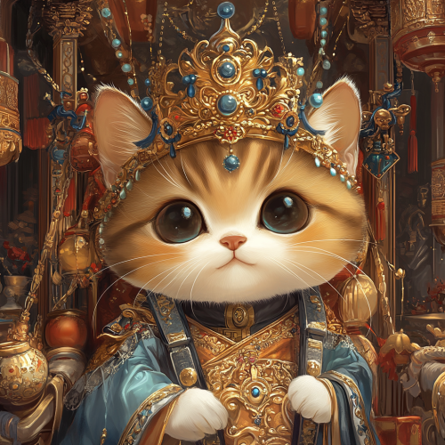 Regal chibi cat depicted as rich king. Luxurious background.