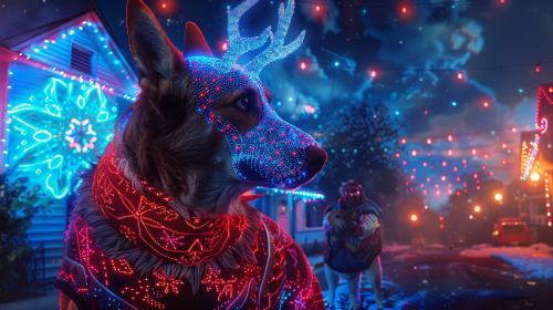 Reindeer dog and happy owner at Taco Bell.