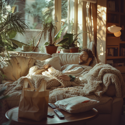 Relaxed person in cozy living room with takeout