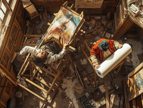 Renaissance artists painting chapel ceiling with supplies on scaffold