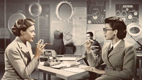 Retro-futuristic office scene with diverse animated discussions