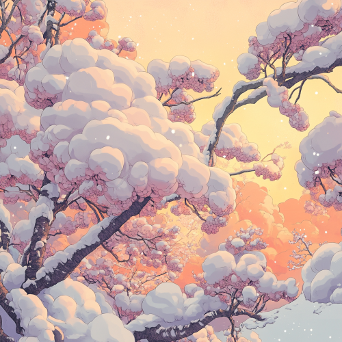 Retro magical illustration of snowy cherry blossoms at sunset.
