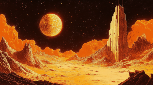 Retro postcard style 2d art of unknown planet.