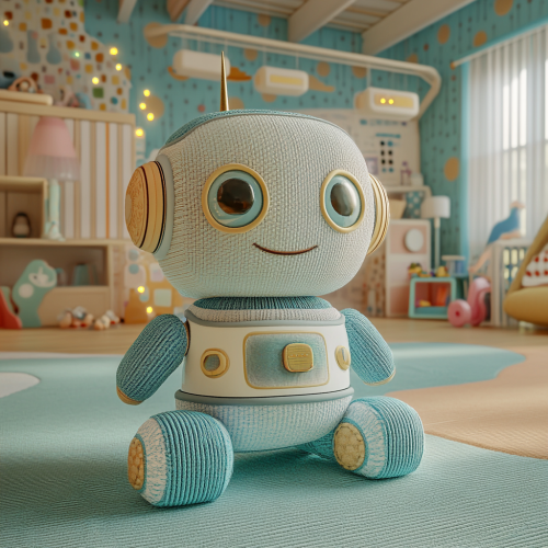 Robot character plush toy in pastel playroom setting.