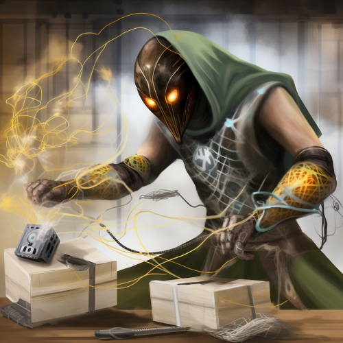 Robot exploring boxes in futuristic workshop with wires.