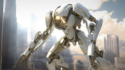 Robot fighting in metallic cityscape with advanced technology.