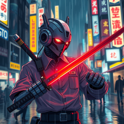 Robot slicing rain in neon city with katana.