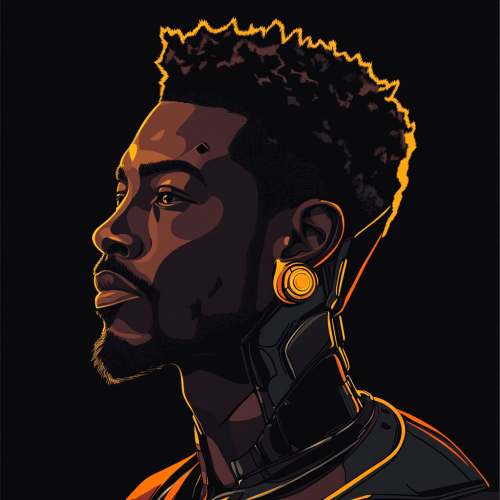 Robotic African man in 30s with goatee and afro.