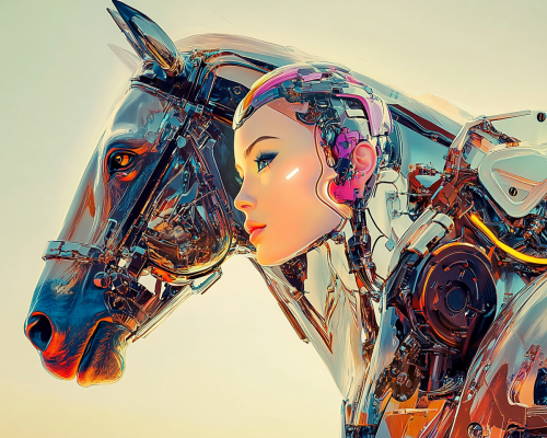 Robotic woman gazes at horizon with horse beside her.