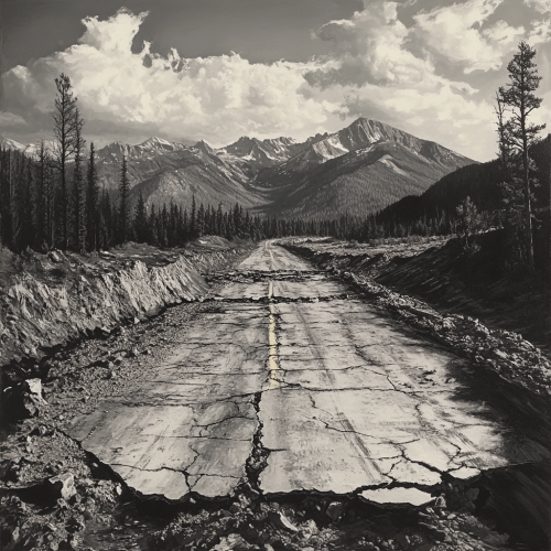 Rocky Mountains with cracked road and deep crevasse