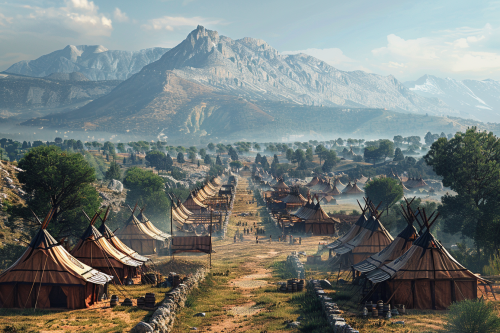 Roman camp on hill between mountains, legionaries in tents. Roman camp on hill between mountains, legionaries in tents.
