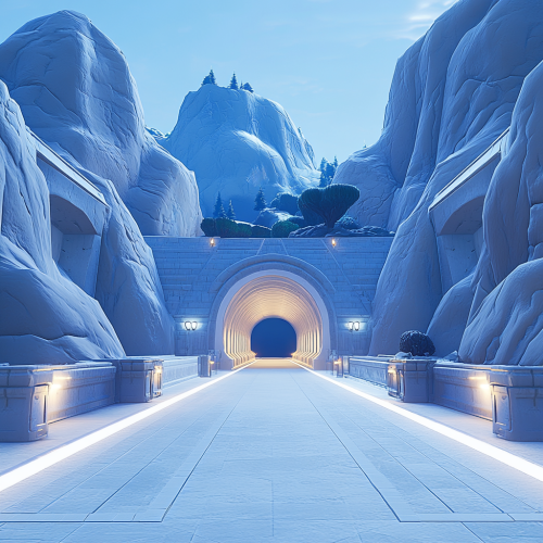 Roman-inspired tunnels with steel, marble, glass, granite, lights.