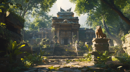 Roman temple with jaguar statue in jungle. Thundercats style.