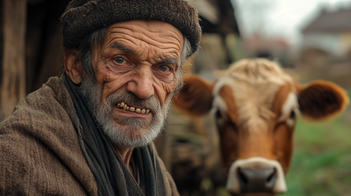 Romanian man with few teeth near cow in village