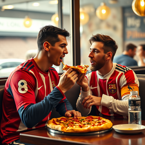 Ronaldo and Messi Enjoying Pizza in Surreal Restaurant