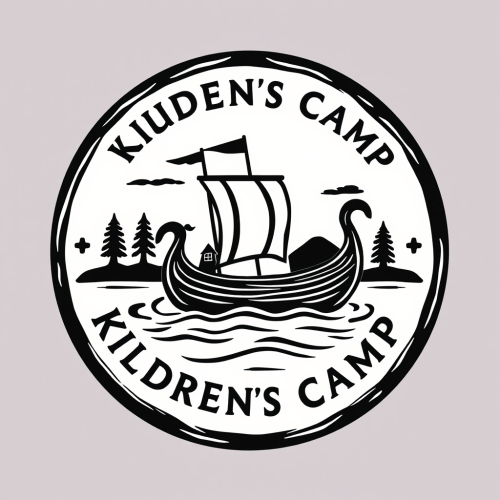 Round logo of Viking longboat for children's camp.