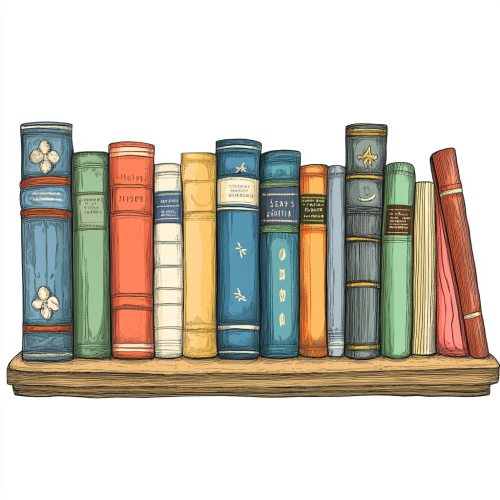 Row of colorful classic books on shelf clipart.