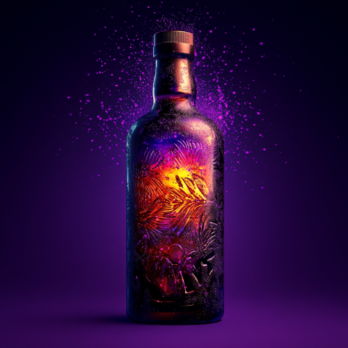 Rum bottle with fingerprints on purple background