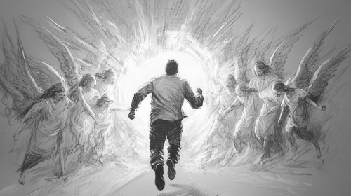 Running Figure Towards Radiant Angels, Uplifting and Joyful Running Figure Towards Radiant Angels, Uplifting and Joyful