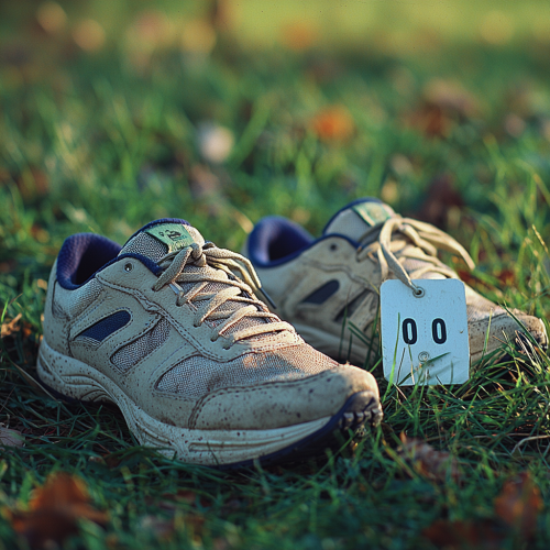 Running Shoes and Runner's Tag on Grass