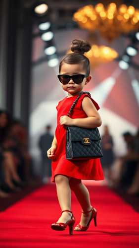 Runway baby strutting in style with Chanel bag.