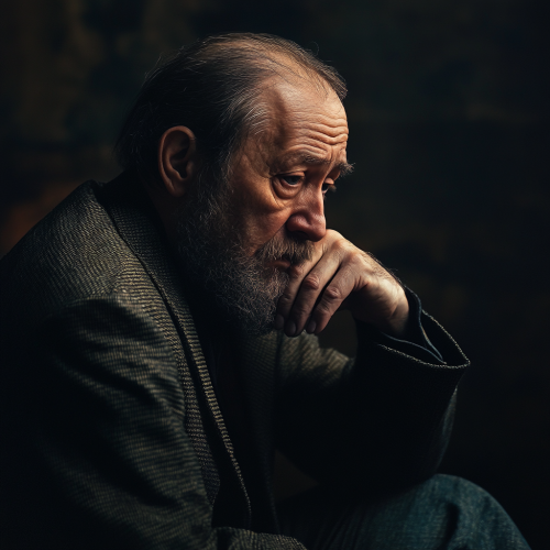 Russian author deep in thought, dark and melancholic.