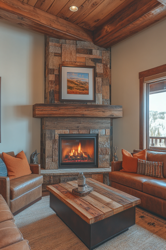 Rustic Wood Mantle Adorns Cozy Corner Fireplace Rustic Wood Mantle Adorns Cozy Corner Fireplace
