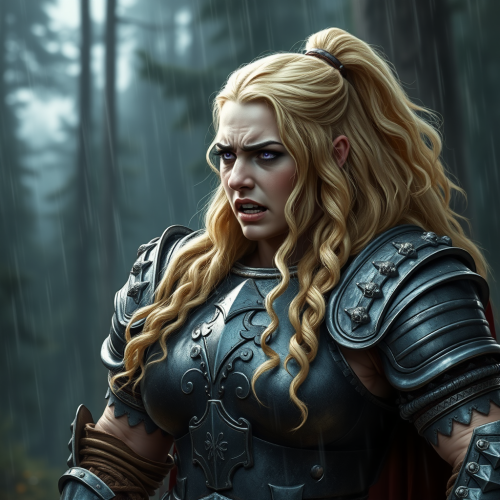 Sad Medieval Female Knight in the Rain