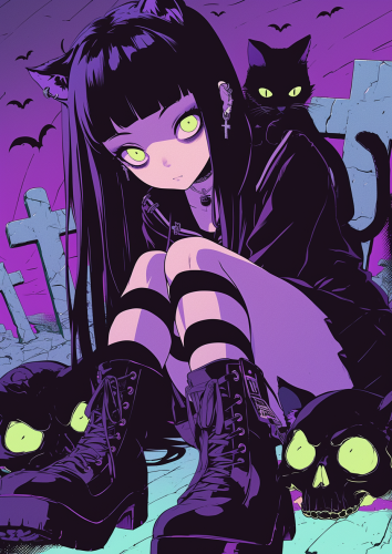 Sad Zombie Goth Girl with Cute Cat, Halloween Scene Sad Zombie Goth Girl with Cute Cat, Halloween Scene