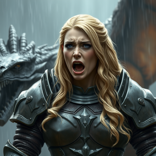 Sad strong female knight in armor with dragon.