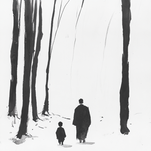 Sage and Child Walking Through Forest
