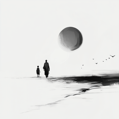 Sage and Child Walking into Setting Sun