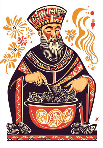 Saint Nicholas Cooking Mussels in Slavic Saint Icon Style