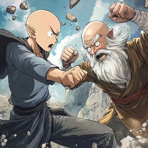 Saitama throws fast punches, Tom dances joyfully.