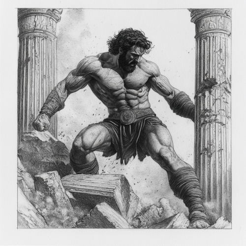 Samson destroying pillars in classic tattoo style