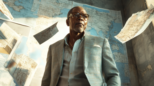Samuel L Jackson in stylish suit with flying posters