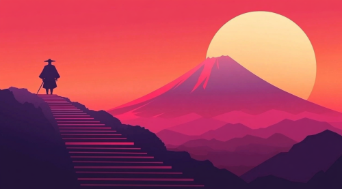 Samurai Below Staircase Leading to Mount Fuji Samurai Below Staircase Leading to Mount Fuji